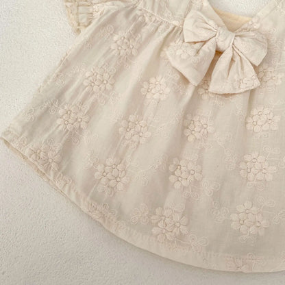 -ベビーセットアップ 2点セット 半袖パフスリーブリボンブラウス+ブルマパンツ ベージュ【mh0004615】 - mamahalo shop - 半袖セットアップ -  べビー服 - 子供服 - 男の子 - 女の子