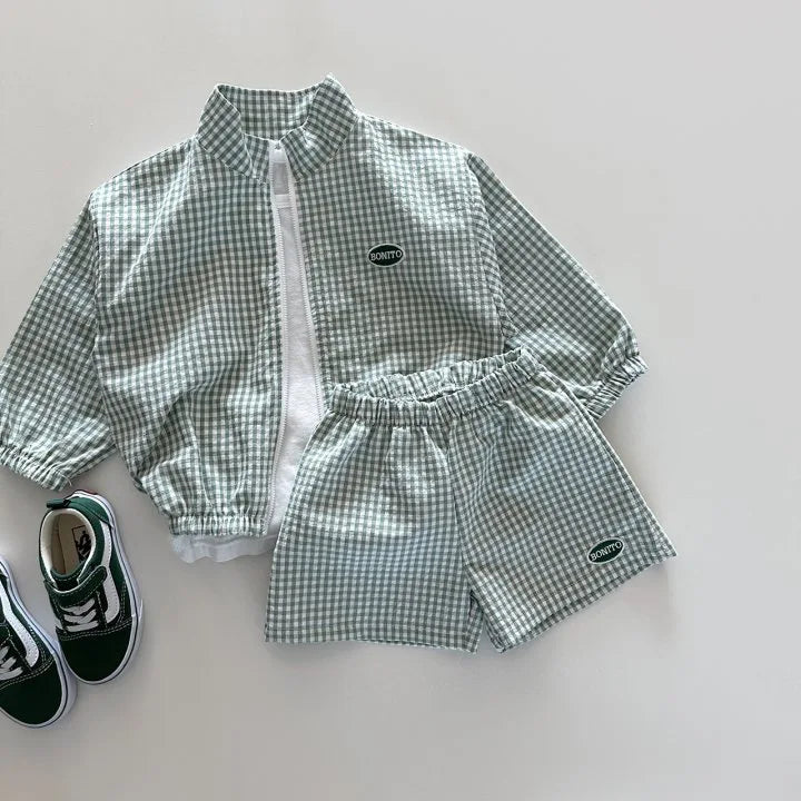 -キッズセットアップ 2点セット チェック ジッパージャケット+ショートパンツ ウィンドブレーカー 日除け ワンポイント 3カラー - mamahalo shop - 長袖セットアップ -  べビー服 - 子供服 - 男の子 - 女の子