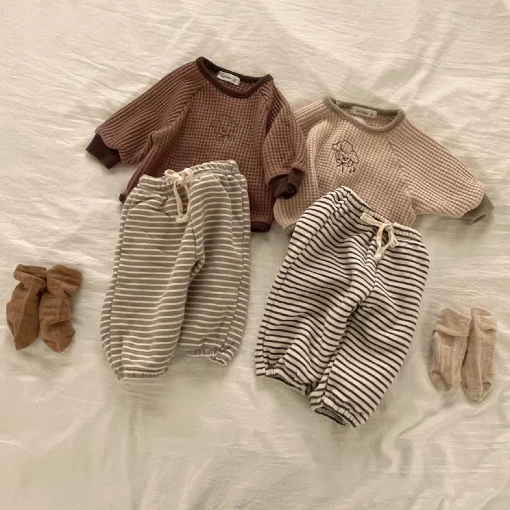 -ベビートップス ワッフル 長袖Tシャツ ベージュ ブラウン 2カラー - mamahalo shop - 長袖Tシャツ -  べビー服 - 子供服 - 男の子 - 女の子