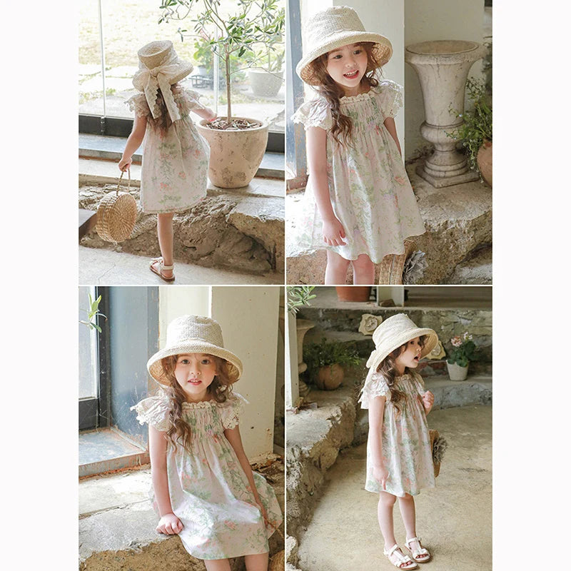 -キッズワンピース 半袖レースフリルスリーブ サマードレス フラワー花柄プリント【mh0005828】 - mamahalo shop - 半袖ワンピース -  べビー服 - 子供服 - 男の子 - 女の子