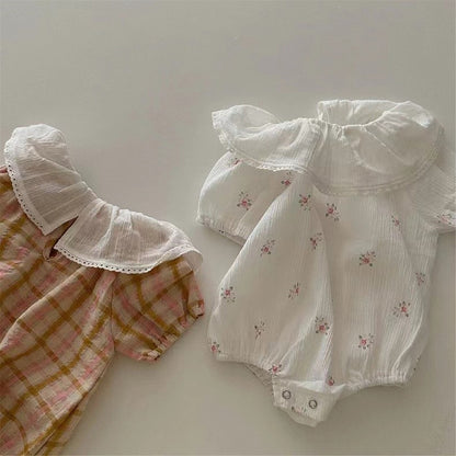 -ベビー フラワー 小花柄 チェック フリルカラー 半袖 ロンパース ホワイト イエローピンク ガールズ【mh0002041】 - mamahalo shop - 半袖ロンパース -  べビー服 - 子供服 - 男の子 - 女の子