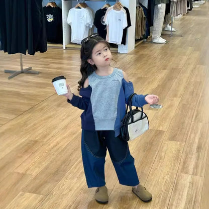 -キッズトップス/パンツ オープンショルダーパッチワークアシメ長袖スウェットシャツ/パッチワークバナナデニムパンツジーンズ【mh0007371】 - mamahalo shop - 長袖セットアップ -  べビー服 - 子供服 - 男の子 - 女の子