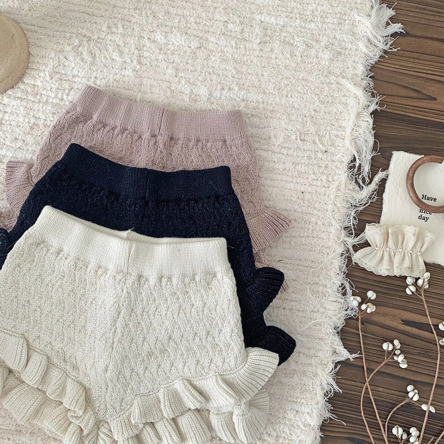 -ベビーキッズパンツ ダブルフリルニットショートパンツ 3カラー - mamahalo shop - ハーフパンツ・ショートパンツ -  べビー服 - 子供服 - 男の子 - 女の子