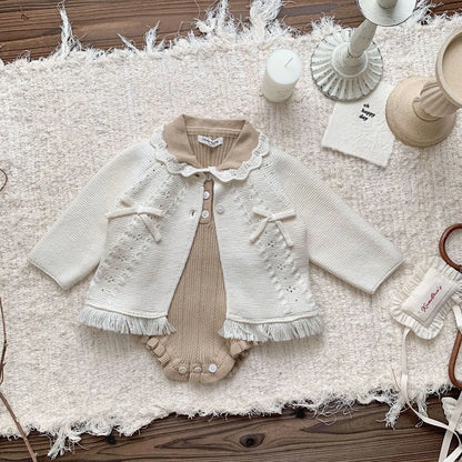 -ベビーキッズカーディガン ニットフリンジリボンボレロカーディガン 2カラー - mamahalo shop - カーディガン・パーカー -  べビー服 - 子供服 - 男の子 - 女の子