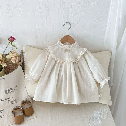 -ベビーキッズワンピース スタンドフリルカラーリボンワンポイント長袖ワンピース ベージュ - mamahalo shop - 長袖ワンピース -  べビー服 - 子供服 - 男の子 - 女の子