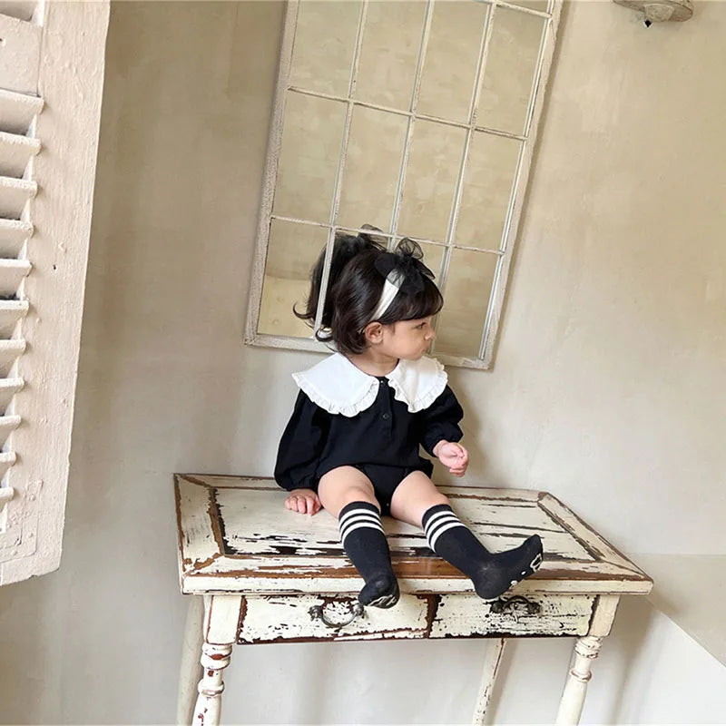 -ベビーロンパース フリルビッグ襟 長袖ボディスーツ ブラック/チェック【mh0004224】 - mamahalo shop - 長袖ロンパース -  べビー服 - 子供服 - 男の子 - 女の子