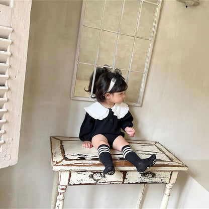 -ベビーロンパース フリルビッグ襟 長袖ボディスーツ ブラック/チェック【mh0004224】 - mamahalo shop - 長袖ロンパース -  べビー服 - 子供服 - 男の子 - 女の子