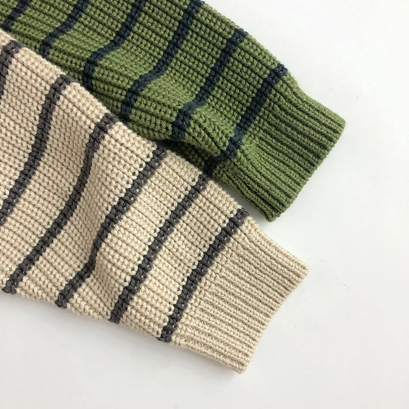 -キッズトップス ニットプルオーバー ハーフジップ スタンドカラー ボーダー柄 - mamahalo shop - ニット・セーター -  べビー服 - 子供服 - 男の子 - 女の子