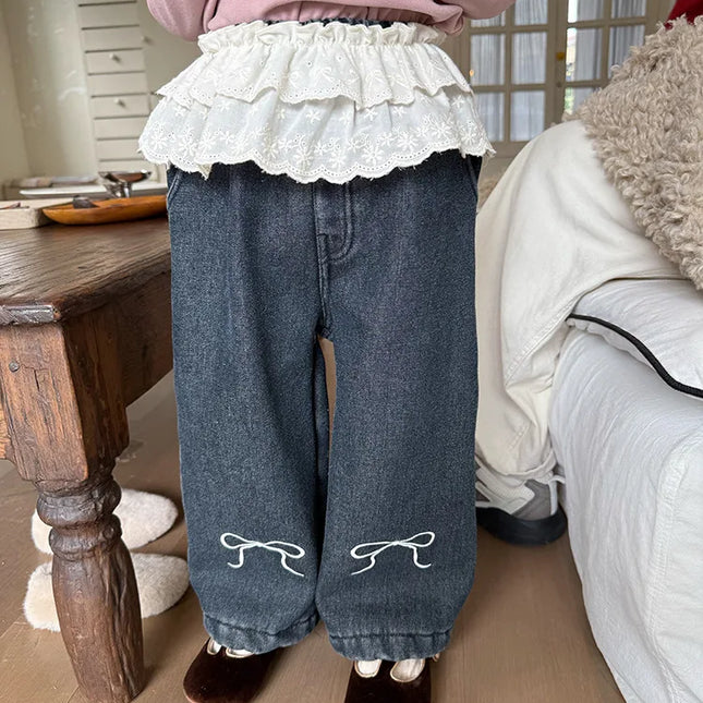 キッズパンツ リボン刺繍裏フリースデニムパンツジーンズ - mamahalo shop - デニムパンツ -  べビー服 - 子供服 - 男の子 - 女の子