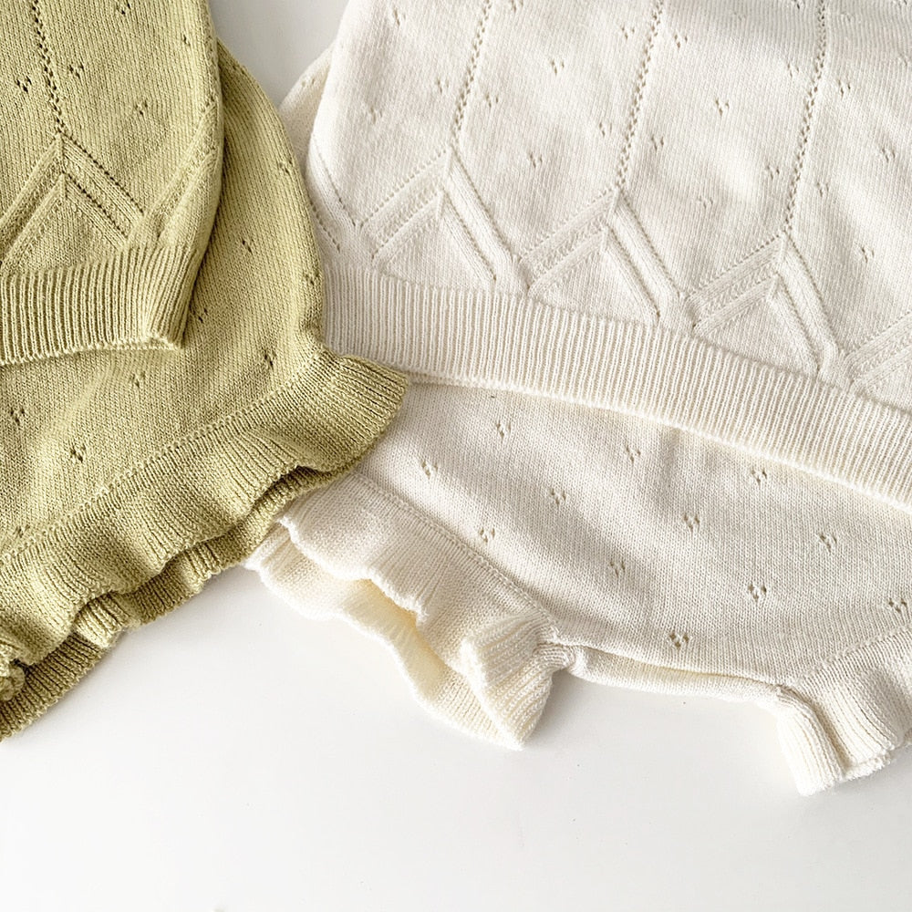 -ベビー キッズ レースニット セットアップ キャミソール トップス フリル ブルマパンツ ショートパンツ ベージュ イエローグリーン ガールズ - mamahalo shop - ノースリーブセットアップ -  べビー服 - 子供服 - 男の子 - 女の子