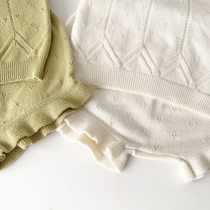 -ベビー キッズ レースニット セットアップ キャミソール トップス フリル ブルマパンツ ショートパンツ ベージュ イエローグリーン ガールズ - mamahalo shop - ノースリーブセットアップ -  べビー服 - 子供服 - 男の子 - 女の子