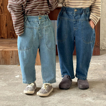 -キッズパンツ ソフトデニムウエスト切り替えステッチロングパンツ ジーンズ 2カラー【mh0006888】 - mamahalo shop - デニムパンツ -  べビー服 - 子供服 - 男の子 - 女の子