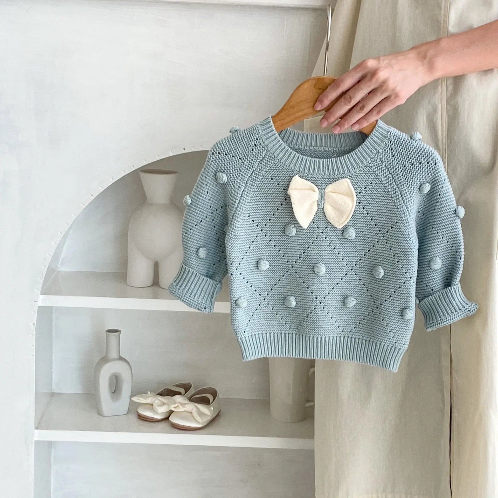 -ベビーキッズ リボンぽんぽんニットセーター ブルー - mamahalo shop - ニット・セーター -  べビー服 - 子供服 - 男の子 - 女の子