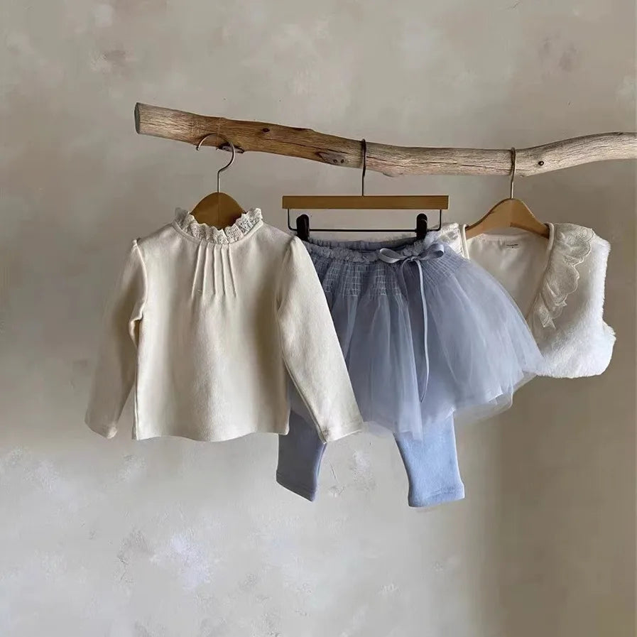 -ベビートップス 長袖Tシャツ ピンタックレース 長袖ブラウス ベージュ/パープル/2カラー - mamahalo shop - 長袖Tシャツ -  べビー服 - 子供服 - 男の子 - 女の子