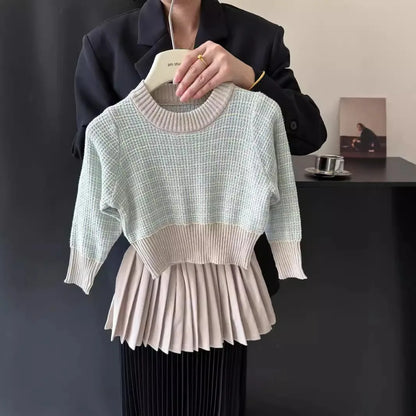 -キッズトップス/スカート ジャガードニットチェックバイカラー長袖セーター/プリーツミニスカート【mh0007376】 - mamahalo shop - 長袖セットアップ -  べビー服 - 子供服 - 男の子 - 女の子