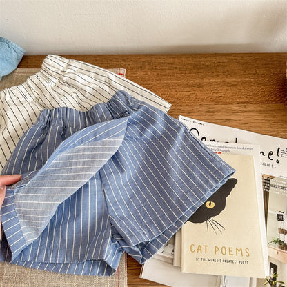 -キッズ ストライプ ラップ ショートパンツ ベージュ ブルー ガールズ - mamahalo shop - ハーフパンツ・ショートパンツ -  べビー服 - 子供服 - 男の子 - 女の子