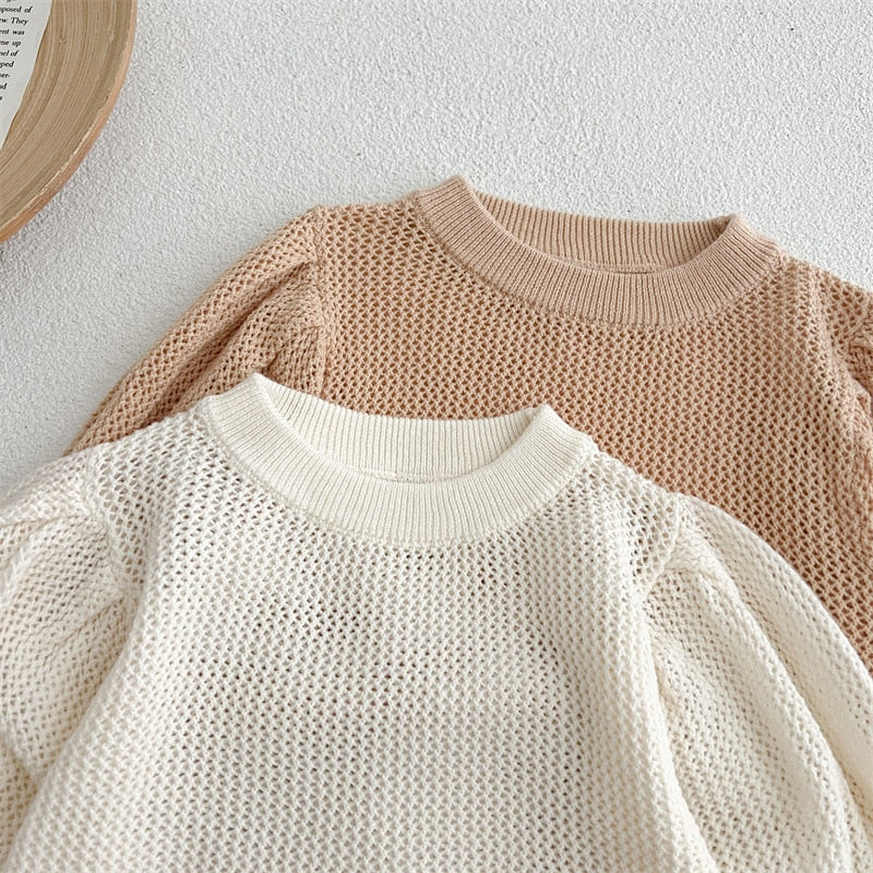 -ベビー サマーニット レース 半袖 パフスリーブ セーター カットソー Tシャツ トップス ベージュホワイト ブラウン ガールズ - mamahalo shop - ニット・セーター -  べビー服 - 子供服 - 男の子 - 女の子