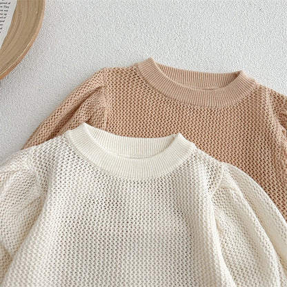 -ベビー サマーニット レース 半袖 パフスリーブ セーター カットソー Tシャツ トップス ベージュホワイト ブラウン ガールズ - mamahalo shop - ニット・セーター -  べビー服 - 子供服 - 男の子 - 女の子