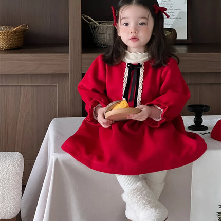 ベビーワンピース レースリボンフリルフリース長袖ワンピース - mamahalo shop - 長袖ワンピース -  べビー服 - 子供服 - 男の子 - 女の子