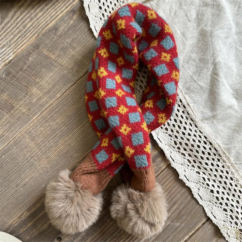 -キッズマフラー ニット ネックウォーマー ぽんぽん付き チェック 10カラー - mamahalo shop - ネックウォーマー -  べビー服 - 子供服 - 男の子 - 女の子