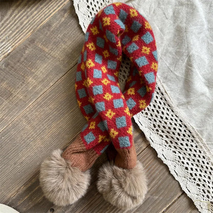 -キッズマフラー ニット ネックウォーマー ぽんぽん付き チェック 10カラー - mamahalo shop - ネックウォーマー -  べビー服 - 子供服 - 男の子 - 女の子