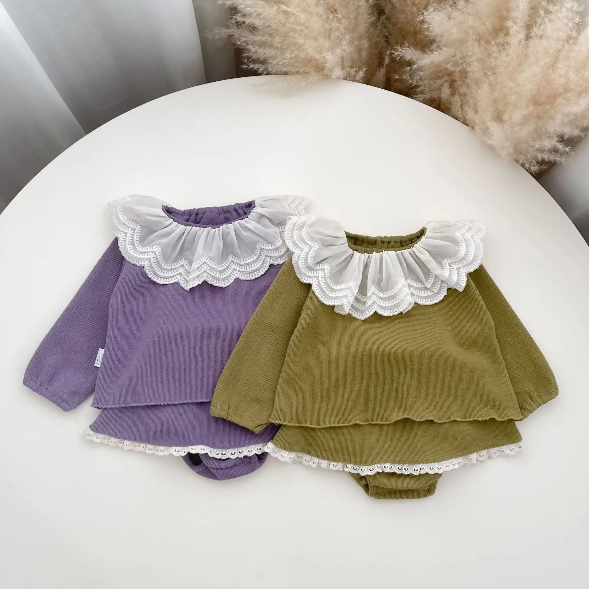 -ベビーセットアップ 2点セット ロータス襟長袖Tシャツブラウス+ブルマパンツインスカート 2カラー【mh0006715】 - mamahalo shop - 長袖セットアップ -  べビー服 - 子供服 - 男の子 - 女の子