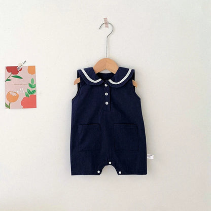 -ベビー セーラー カラー ノースリーブ ジャンプスーツ - mamahalo shop - ノースリーブジャンプスーツ -  べビー服 - 子供服 - 男の子 - 女の子
