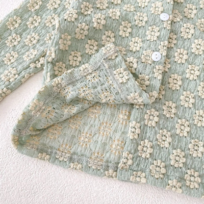 -ベビーセットアップ 2点セット フラワー柄レースニットカーディガン+フリルブルマパンツ 2カラー - mamahalo shop - 長袖セットアップ -  べビー服 - 子供服 - 男の子 - 女の子