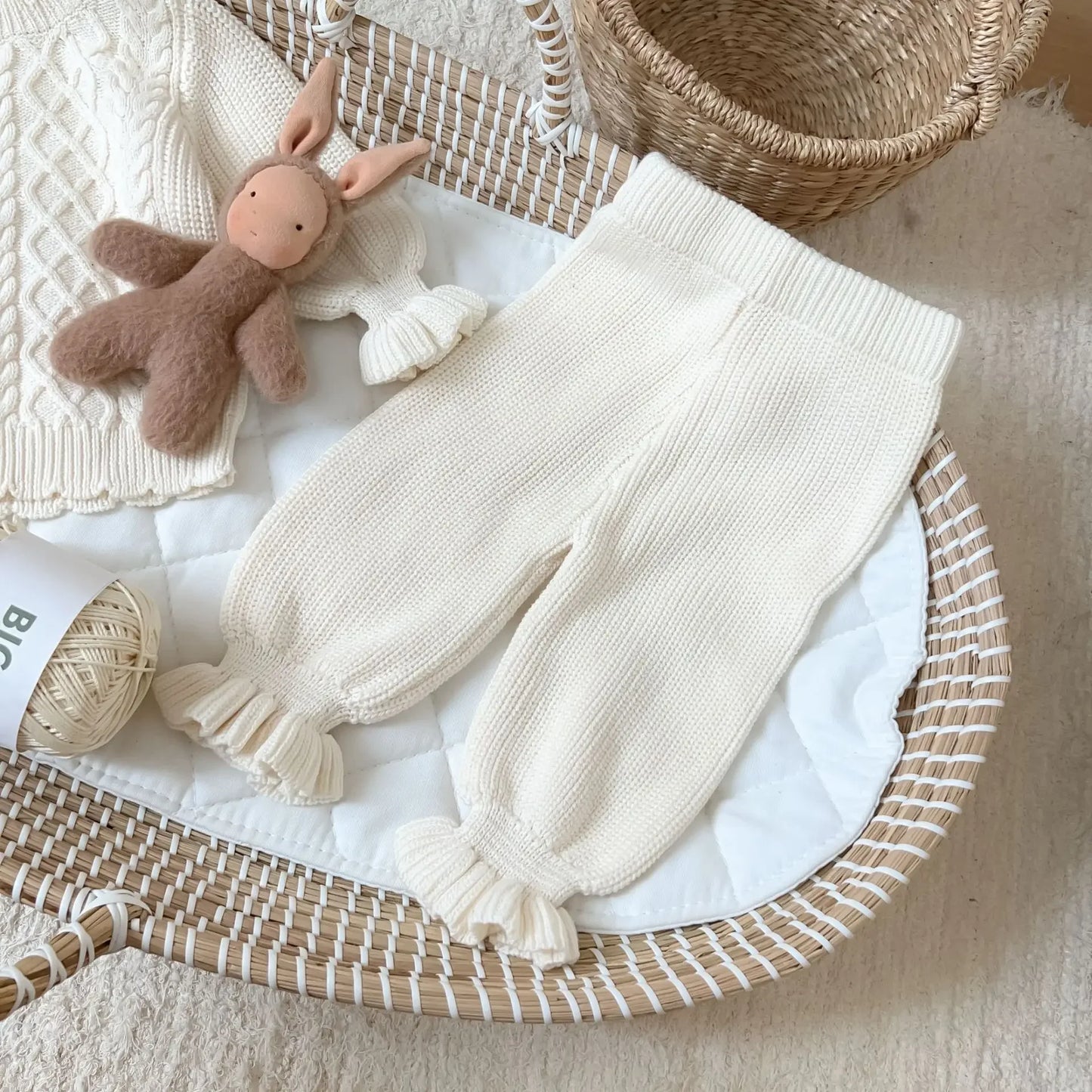 -ベビーキッズトップス/パンツ アラン編みケーブルニットセーター/裾フリルニットロングパンツ 2カラー - mamahalo shop - 長袖セットアップ -  べビー服 - 子供服 - 男の子 - 女の子