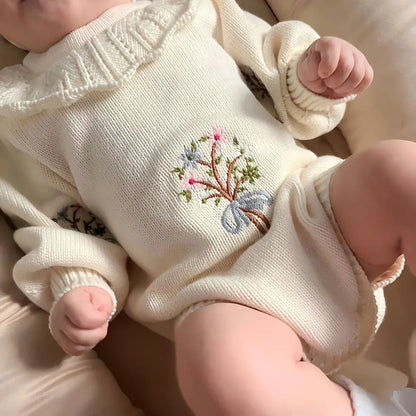 -ベビーロンパース 長袖ニットボディスーツ フラワー花柄刺繍 フリルサークル襟 4カラー【mh0004189】 - mamahalo shop - 長袖ロンパース -  べビー服 - 子供服 - 男の子 - 女の子