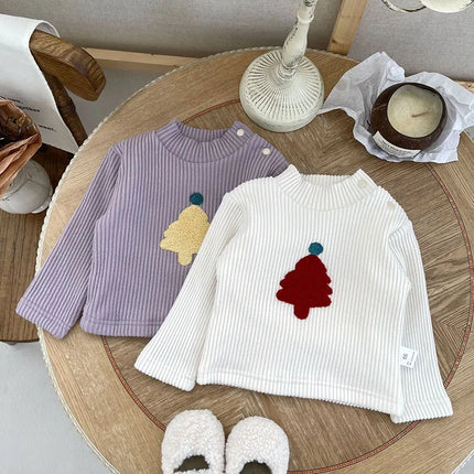 ベビー長袖Tシャツ 裏フリースカットソー クリスマスツリー刺繍トップス 2カラー ユニセックス 男の子 女の子 子供服 - mamahalo shop - 長袖Tシャツ - ベビー服 - 子供服 - 男の子 - 女の子