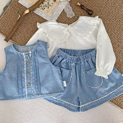 -ベビーキッズセットアップ 2点セット デニム ノースリーブベストブラウス+ショートパンツ キュロットパンツ 2カラー - mamahalo shop - ノースリーブセットアップ -  べビー服 - 子供服 - 男の子 - 女の子