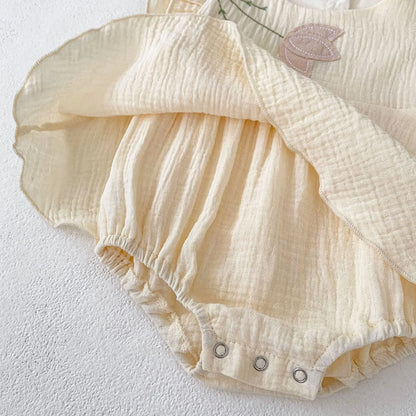 -ベビーロンパース ラッフルフリル袖スカートボディスーツ フラワー花柄刺繍 2カラー - mamahalo shop - 半袖ロンパース -  べビー服 - 子供服 - 男の子 - 女の子