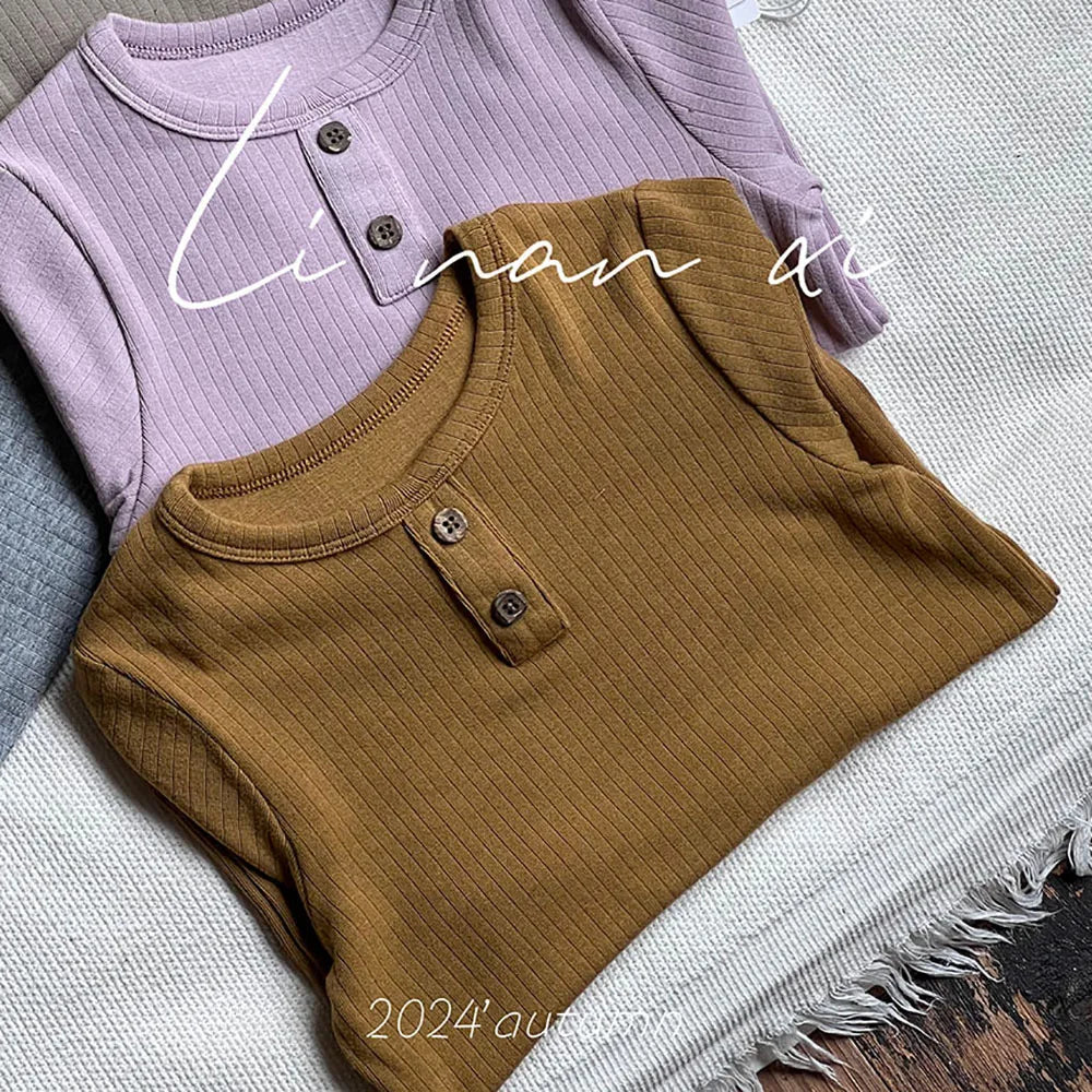 -キッズパジャマセット リブ 長袖ヘンリーネックTシャツ+ロングパンツ シンプルベーシック 5カラー【mh0006360】 - mamahalo shop - 長袖パジャマ -  べビー服 - 子供服 - 男の子 - 女の子