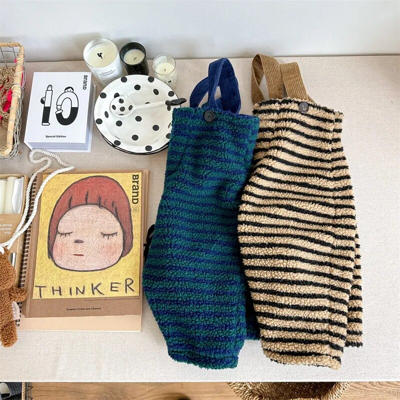 -キッズ フリースサロペットパンツ サスペンダーパンツ ボーダー ブルー コーヒー 2カラー ユニセックス 男の子 女の子 子供服 - mamahalo shop - サロペットパンツ・サスペンダーパンツ -  べビー服 - 子供服 - 男の子 - 女の子