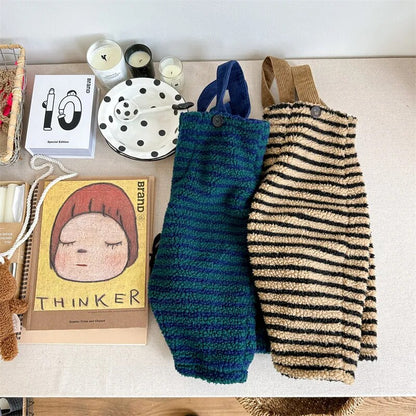 -キッズ フリースサロペットパンツ サスペンダーパンツ ボーダー ブルー コーヒー 2カラー ユニセックス 男の子 女の子 子供服 - mamahalo shop - サロペットパンツ・サスペンダーパンツ -  べビー服 - 子供服 - 男の子 - 女の子