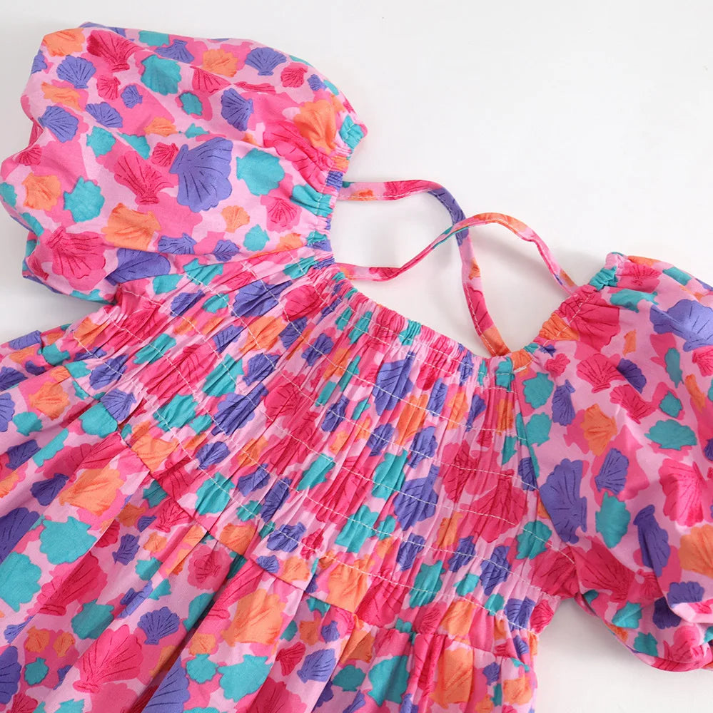 -キッズワンピース 半袖パフスリーブバッククロスワンピース カラフルシェル貝殻プリント【mh0005612】 - mamahalo shop - 半袖ワンピース -  べビー服 - 子供服 - 男の子 - 女の子