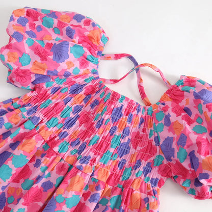 -キッズワンピース 半袖パフスリーブバッククロスワンピース カラフルシェル貝殻プリント【mh0005612】 - mamahalo shop - 半袖ワンピース -  べビー服 - 子供服 - 男の子 - 女の子