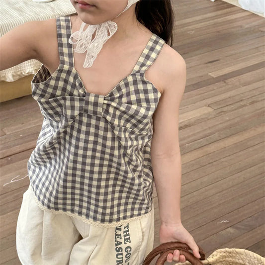 -キッズトップス ノースリーブ リボンブラウス チェック/無地 2カラー - mamahalo shop - タンクトップ・キャミソール・ノースリーブトップス -  べビー服 - 子供服 - 男の子 - 女の子