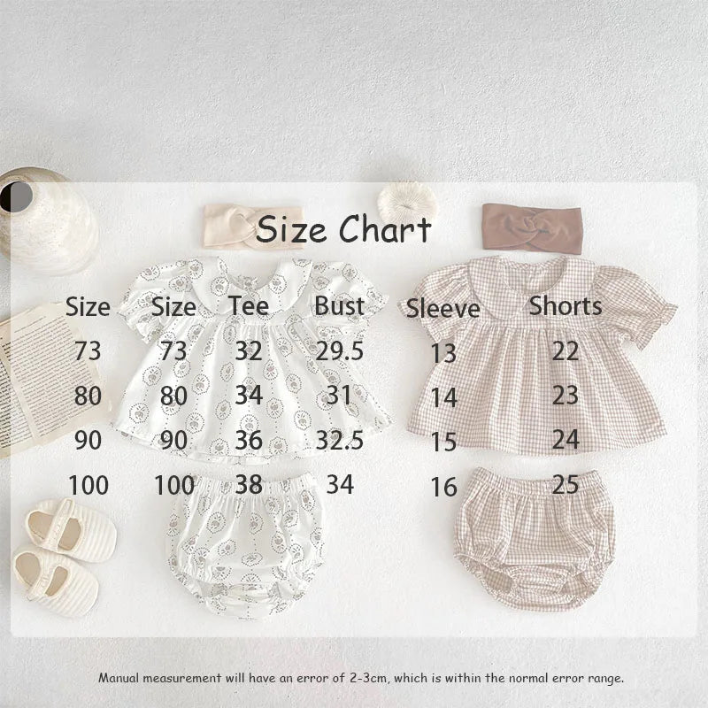 -ベビーセットアップ 2点セット 半袖パフスリーブ 丸襟チュニックブラウス+ブルマパンツ チェック/フラワー花柄プリント【mh0006515】 - mamahalo shop - 半袖セットアップ -  べビー服 - 子供服 - 男の子 - 女の子