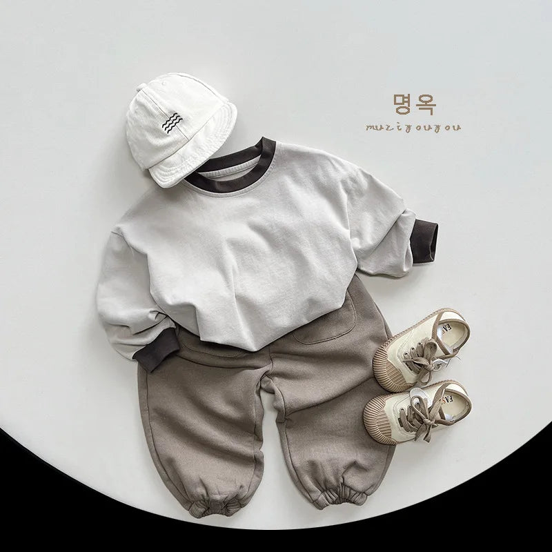 -キッズトップス 長袖Tシャツ シンプルベーシック ベージュ/グレー/2カラー - mamahalo shop - 長袖Tシャツ -  べビー服 - 子供服 - 男の子 - 女の子