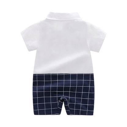 -ベビージャンプスーツ 半袖つなぎ サスペンダーパンツシャツドッキングロンパース 2柄【mh0004599】 - mamahalo shop - 半袖ジャンプスーツ -  べビー服 - 子供服 - 男の子 - 女の子