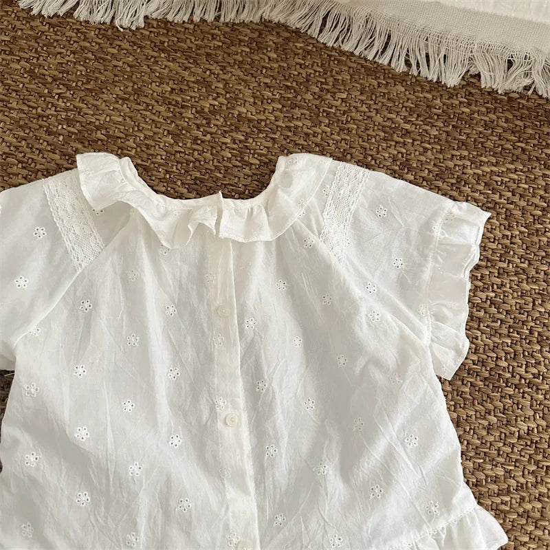 -キッズトップス 半袖ブラウス レース刺繍 ベージュ - mamahalo shop - 半袖シャツ・ブラウス -  べビー服 - 子供服 - 男の子 - 女の子