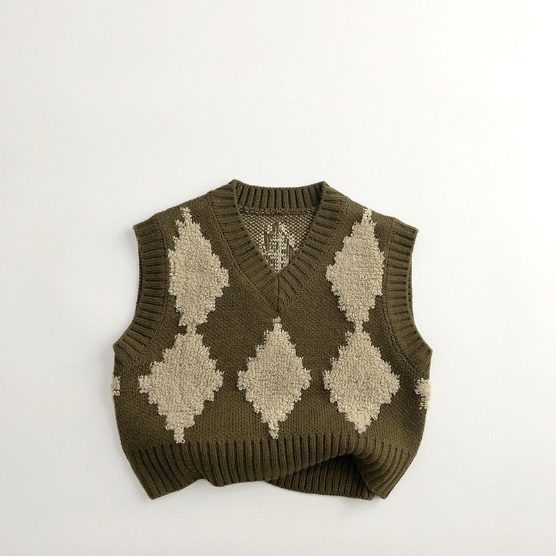 -キッズ ニットベスト レトロ ダイヤチェック Vネック コーヒー イエロー 2カラー ボーイズ 男の子 子供服 - mamahalo shop - ベスト -  べビー服 - 子供服 - 男の子 - 女の子