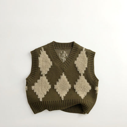 -キッズ ニットベスト レトロ ダイヤチェック Vネック コーヒー イエロー 2カラー ボーイズ 男の子 子供服 - mamahalo shop - ベスト -  べビー服 - 子供服 - 男の子 - 女の子