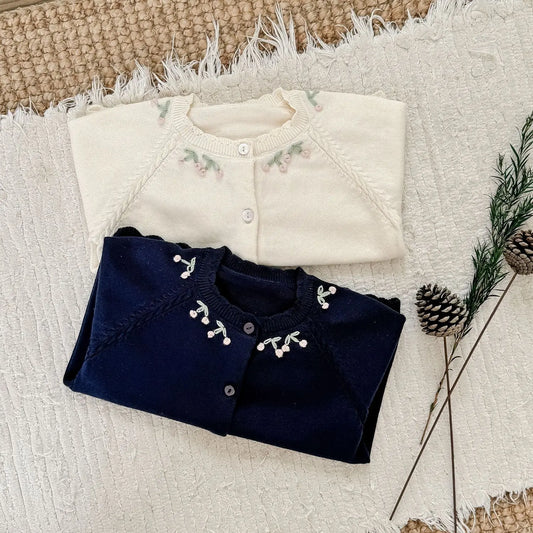 -キッズカーディガン フラワー花柄刺繍ワンポイントニットジャケット 2カラー - mamahalo shop - カーディガン・パーカー -  べビー服 - 子供服 - 男の子 - 女の子