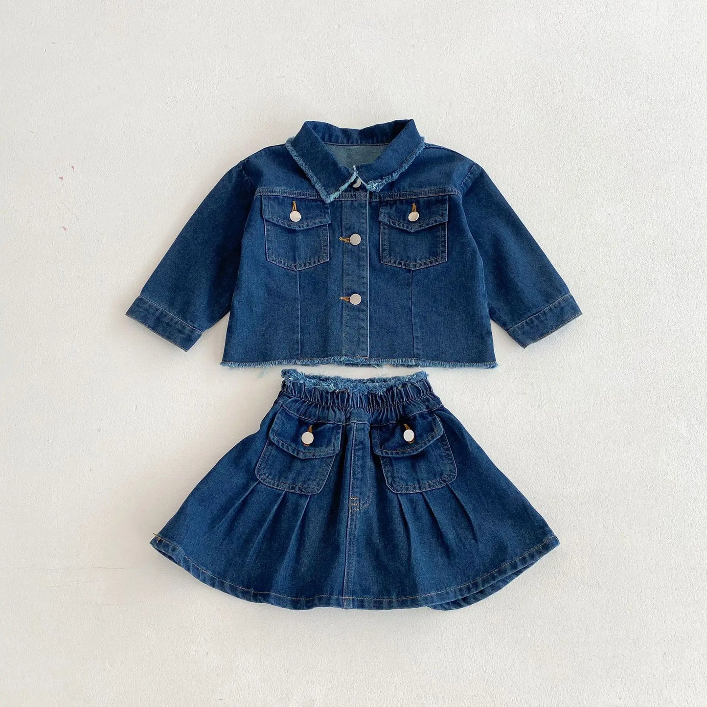 -キッズセットアップ 2点セット デニム長袖シャツ+ポケットアクセントデニムスカート - mamahalo shop - 長袖セットアップ -  べビー服 - 子供服 - 男の子 - 女の子