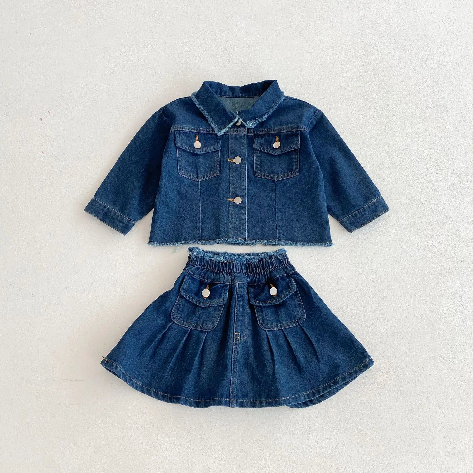 -キッズセットアップ 2点セット デニム長袖シャツ+ポケットアクセントデニムスカート - mamahalo shop - 長袖セットアップ -  べビー服 - 子供服 - 男の子 - 女の子