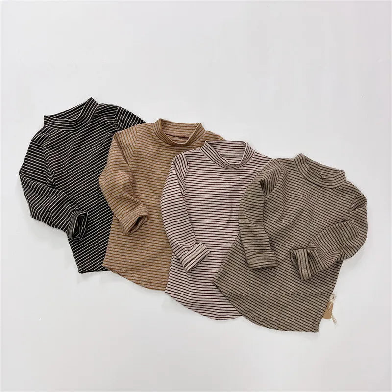 -キッズ ハイネックTシャツ ボーダー シンプルベーシック インナー 4カラー ユニセックス 男の子 女の子 子供服 - mamahalo shop - 長袖Tシャツ -  べビー服 - 子供服 - 男の子 - 女の子