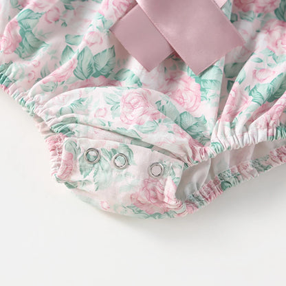 -ベビーロンパース 半袖ボリュームパフスリーブ リボン フラワープリント ベビードレス ヘアバンドセット - mamahalo shop - 半袖ロンパース -  べビー服 - 子供服 - 男の子 - 女の子